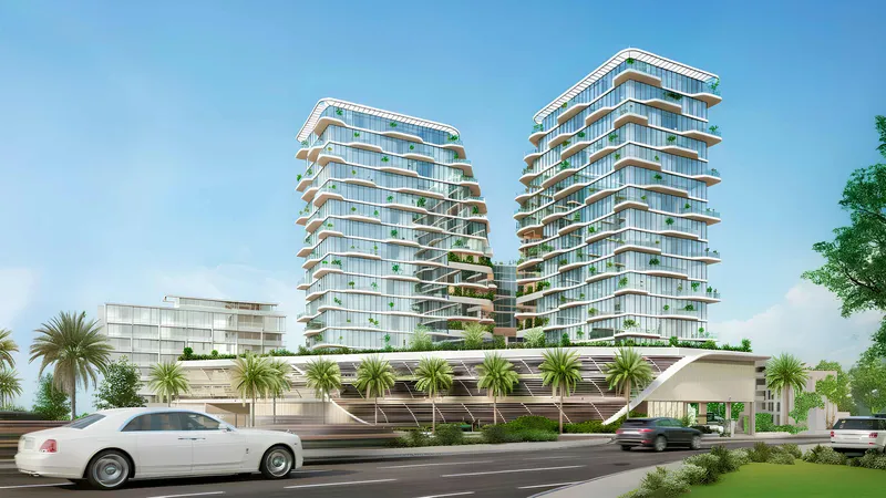 Street-level render of the two towers of Royal Yacht Club Residence above the podium