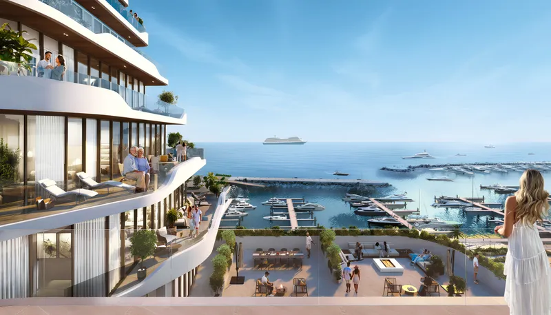 Render of the terraces and podium garden at Royal Yacht Club Residence looking over the marina