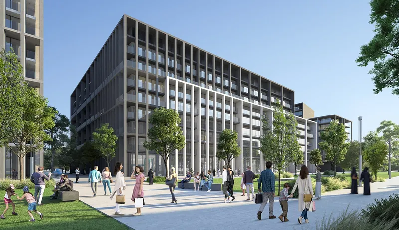 Render of a Safa building at Aljada beside a wide pedestrian boulevard with families walking and trees on both sides