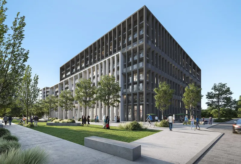 Render of a Safa apartment building at Aljada from a street corner, with a dark grid facade above a lighter base and trees along the pavement