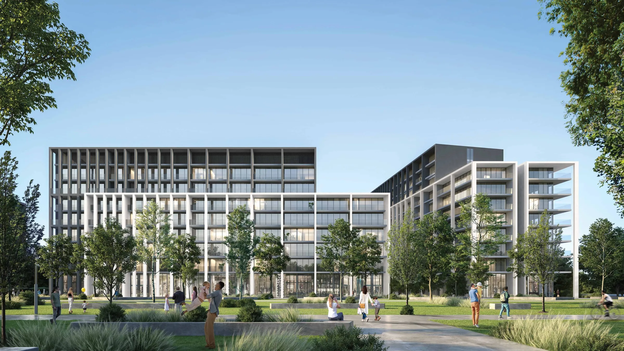 Render of the Safa apartment buildings at Aljada seen across a lawn, with light and dark grid facades and people on the paths