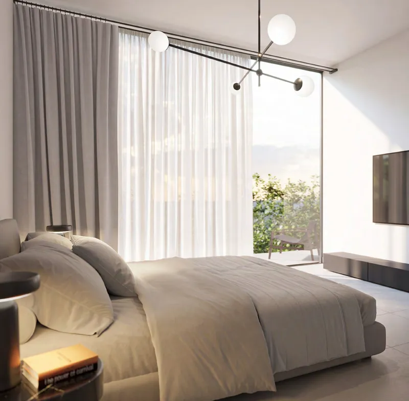 Render of a Safa Parkview bedroom with a bed in neutral linen, sheer curtains and a wall-mounted television