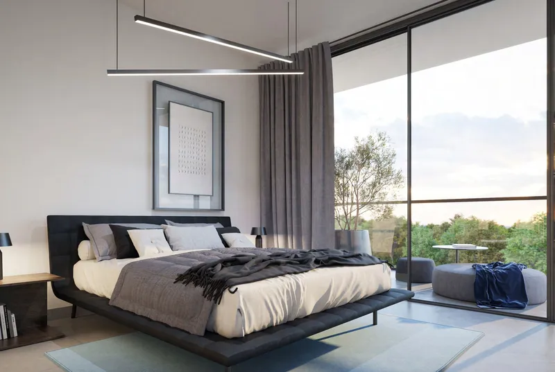 Render of a Safa Parkview master bedroom with a low bed, grey curtains and full-height glazing opening to a balcony with tree views