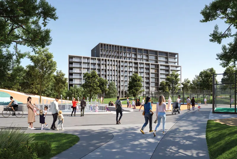 Render of Safa Parkview at Aljada seen from the neighbouring sports park, with families on a path beside a play area and sports courts