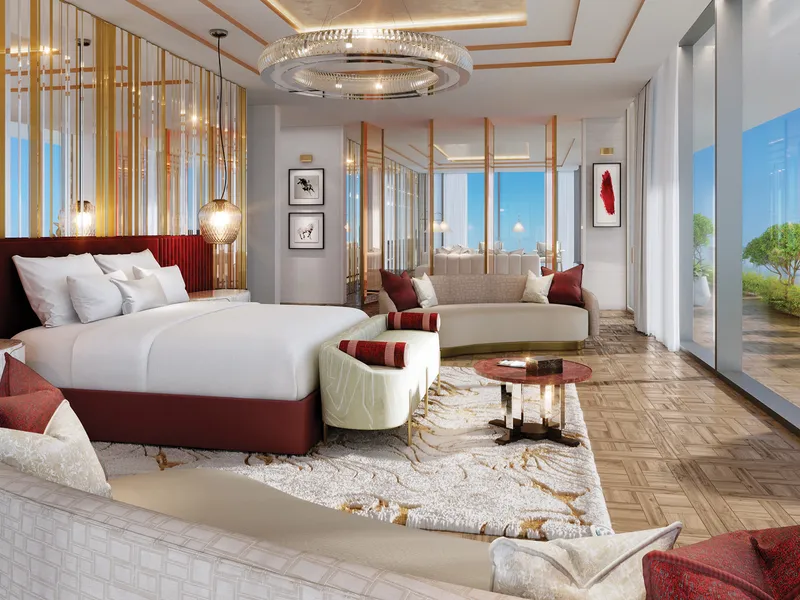 Interior render of a Safa Two bedroom with a seating area and floor-to-ceiling windows