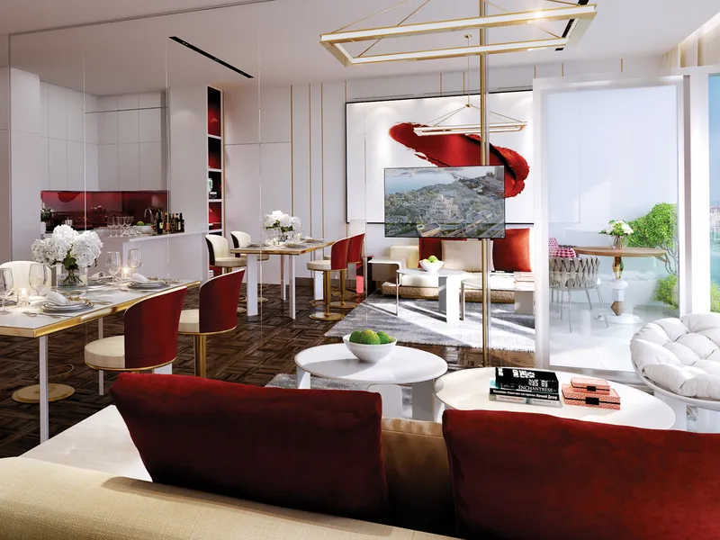 Interior render of a Safa Two living and dining room with red and white furniture