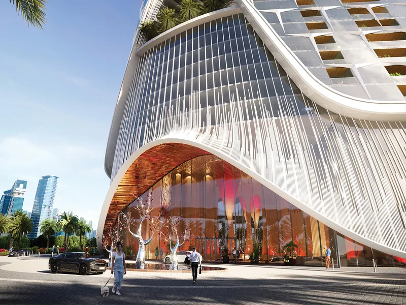 Render of the curved, ribbed podium and street entrance of Safa Two de GRISOGONO