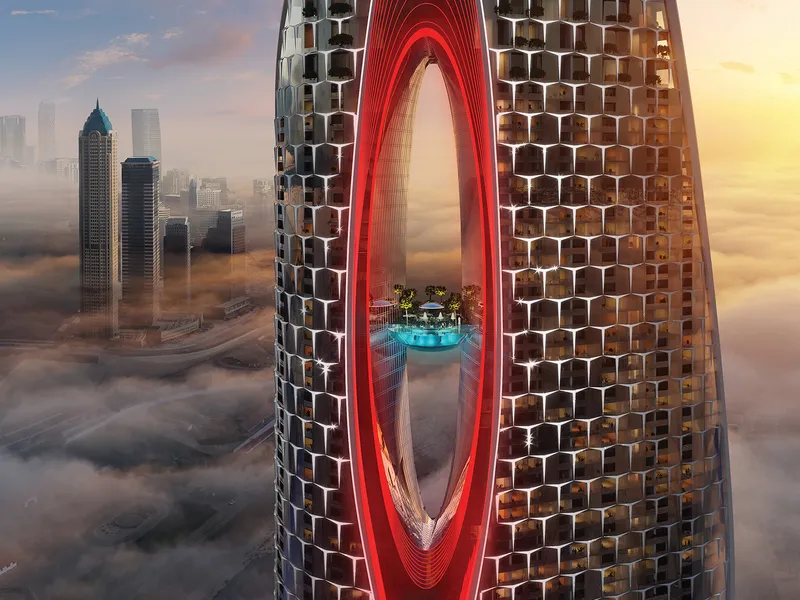 Render of the red-framed Ruby Heart opening in the Safa Two tower, with a pool deck inside, above the clouds