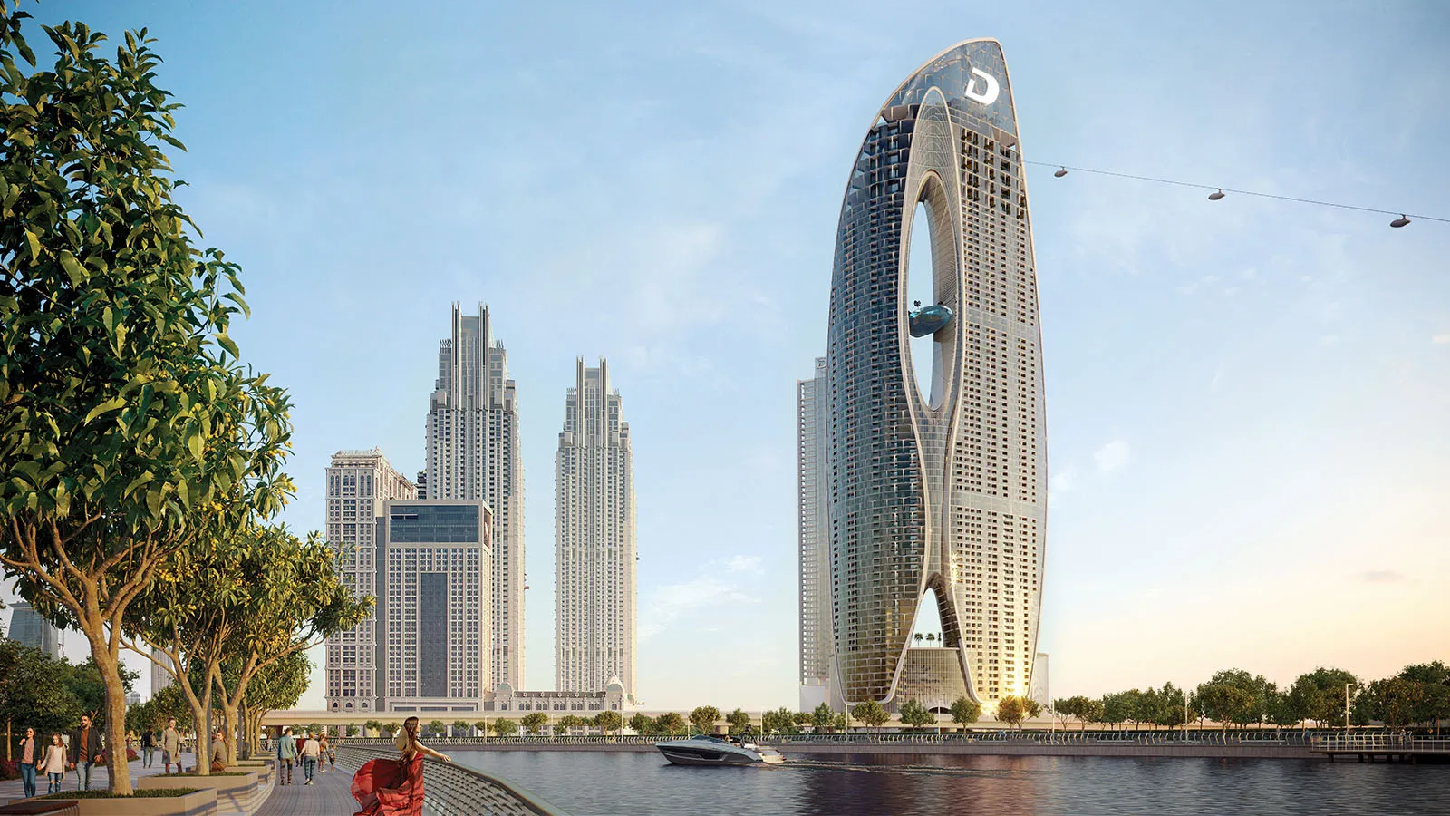 Render of the Safa Two de GRISOGONO tower on Sheikh Zayed Road with the Business Bay skyline behind