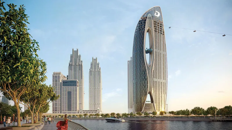 Render of the Safa Two de GRISOGONO tower on Sheikh Zayed Road with the Business Bay skyline behind