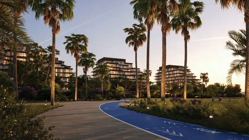 Render of the palm-lined exercise track beside the Sama Yas buildings