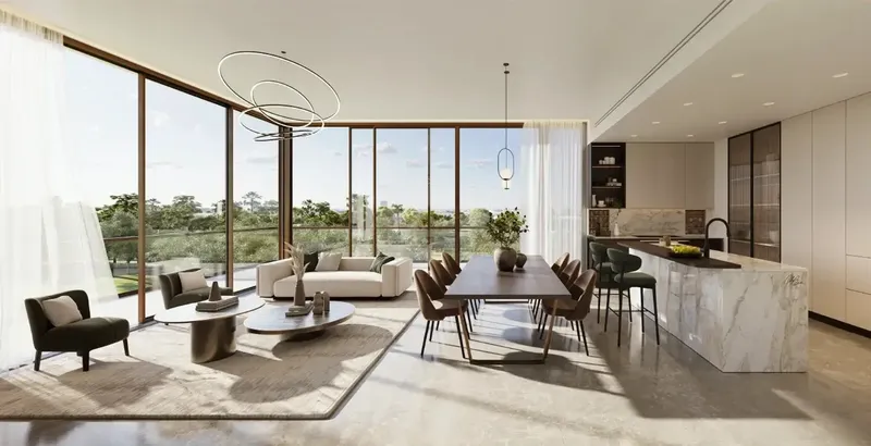 Render of a Sama Yas living and dining room with an open kitchen and full-height windows facing the park