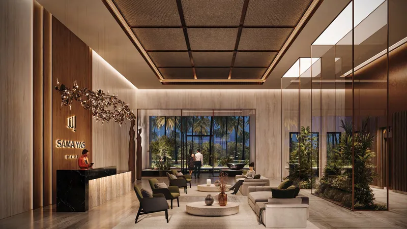 Render of a Sama Yas lobby with a reception desk, lounge seating and timber ceiling panels
