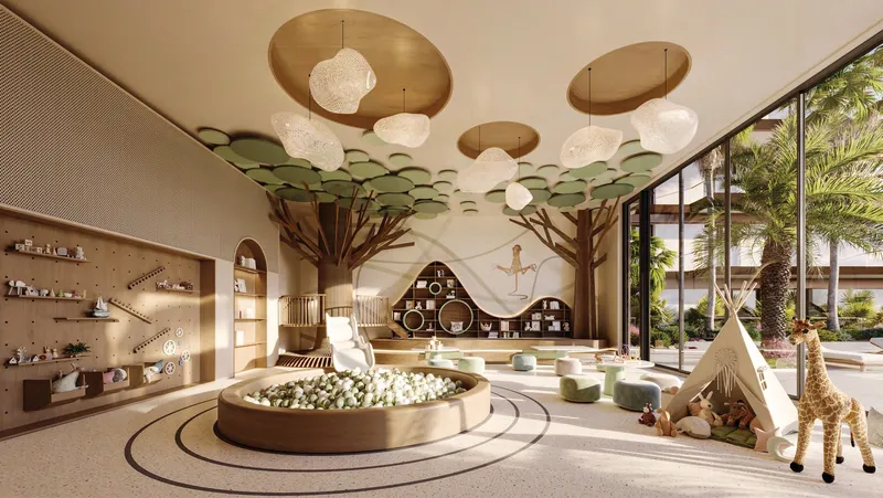 Render of the Sama Yas playroom with tree-shaped columns, a ball pit and soft play