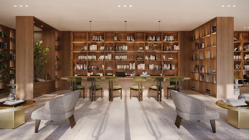 Render of The Reading Room library at Sama Yas with timber bookshelves and a shared table