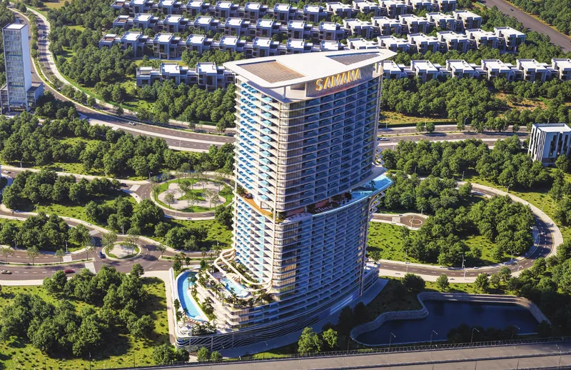 Aerial render of the Samana Barari Heights tower in Majan with Al Barari behind