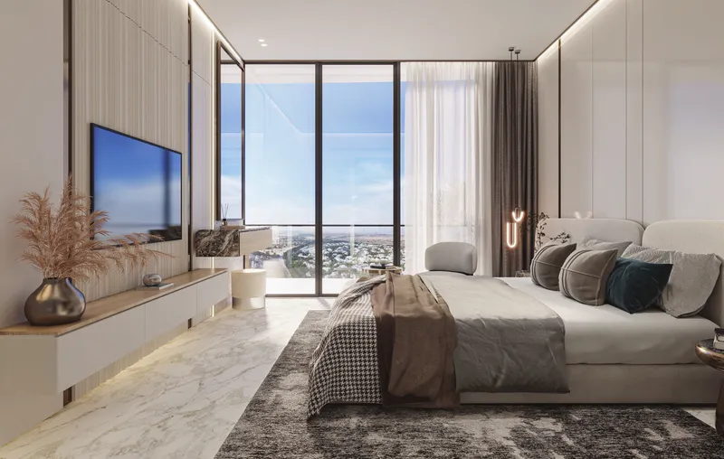 Render of a bedroom with floor-to-ceiling windows at Samana Barari Heights