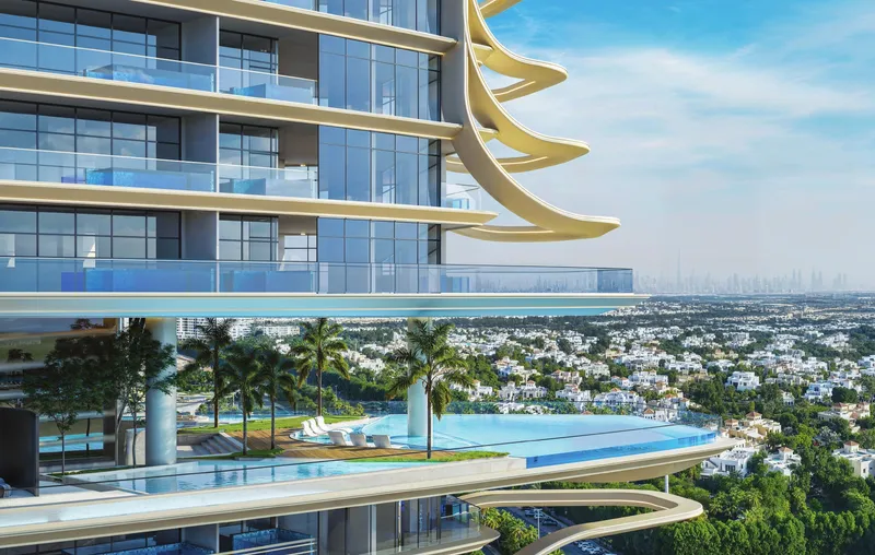 Render of the high-level infinity pool at Samana Barari Heights overlooking Al Barari