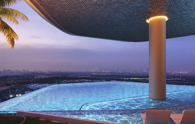 Render of the infinity pool at Samana Barari Heights in the evening with city views
