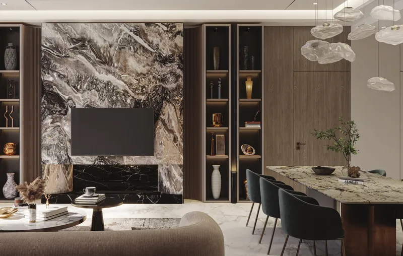 Render of a living and dining room with a marble feature wall at Samana Barari Heights