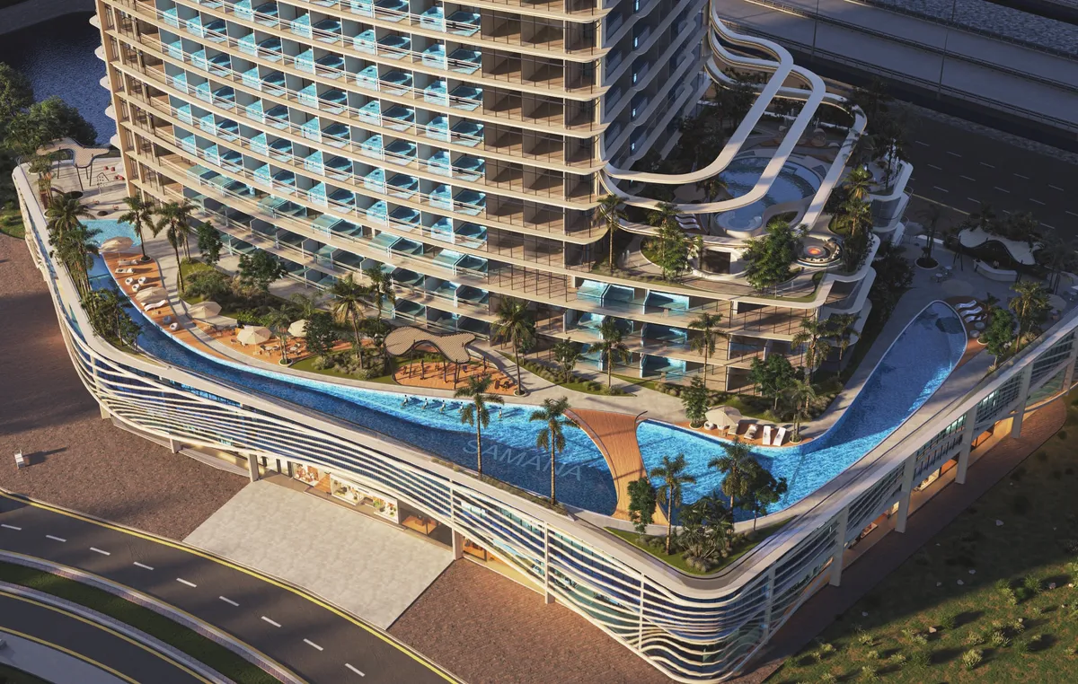 Aerial render of the landscaped pool deck on the Samana Barari Heights podium