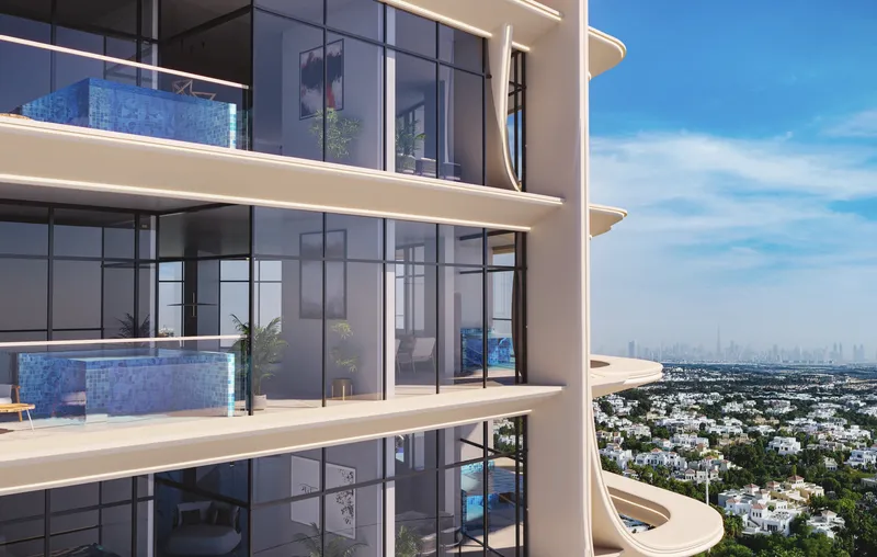 Render of balconies with private pools on the Samana Barari Heights facade