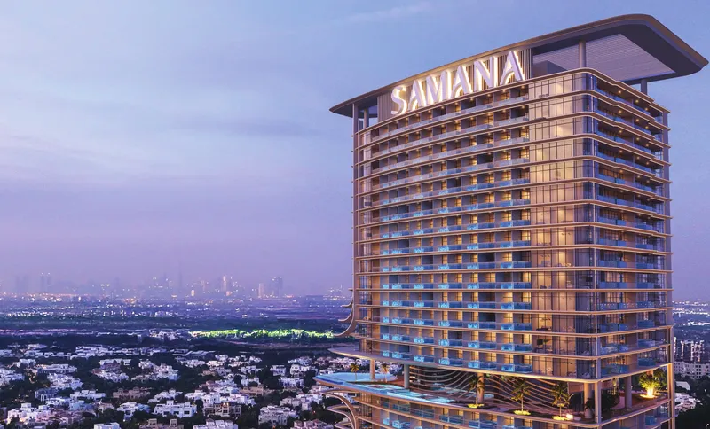 Render of the Samana Barari Heights tower at dusk with the Dubai skyline in the distance