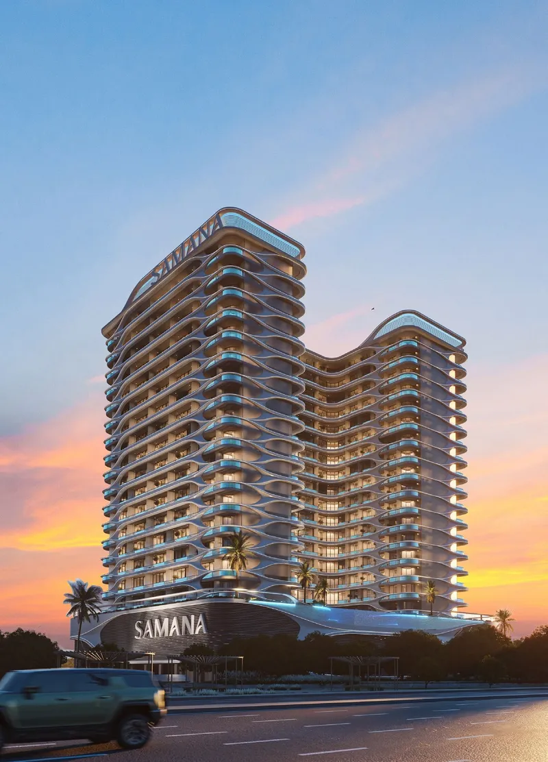 Render of the Samana Boulevard Heights apartment tower in Dubailand Residence Complex at sunset