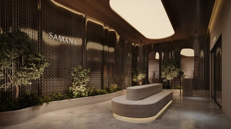 Render of the lobby at Samana Boulevard Heights with planting and a curved bench