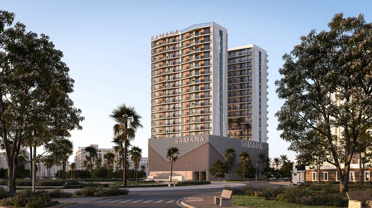 Render of the Samana Greenfield 2 apartment towers in Al Warsan by day