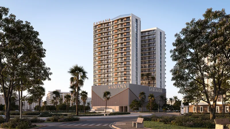 Render of the Samana Greenfield 2 apartment towers in Al Warsan by day