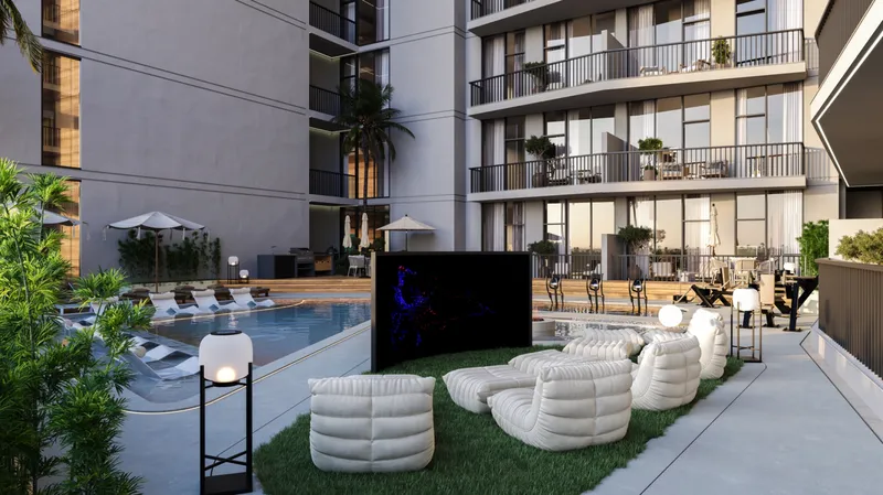 Render of the outdoor cinema lawn beside the pool at Samana Greenfield 2