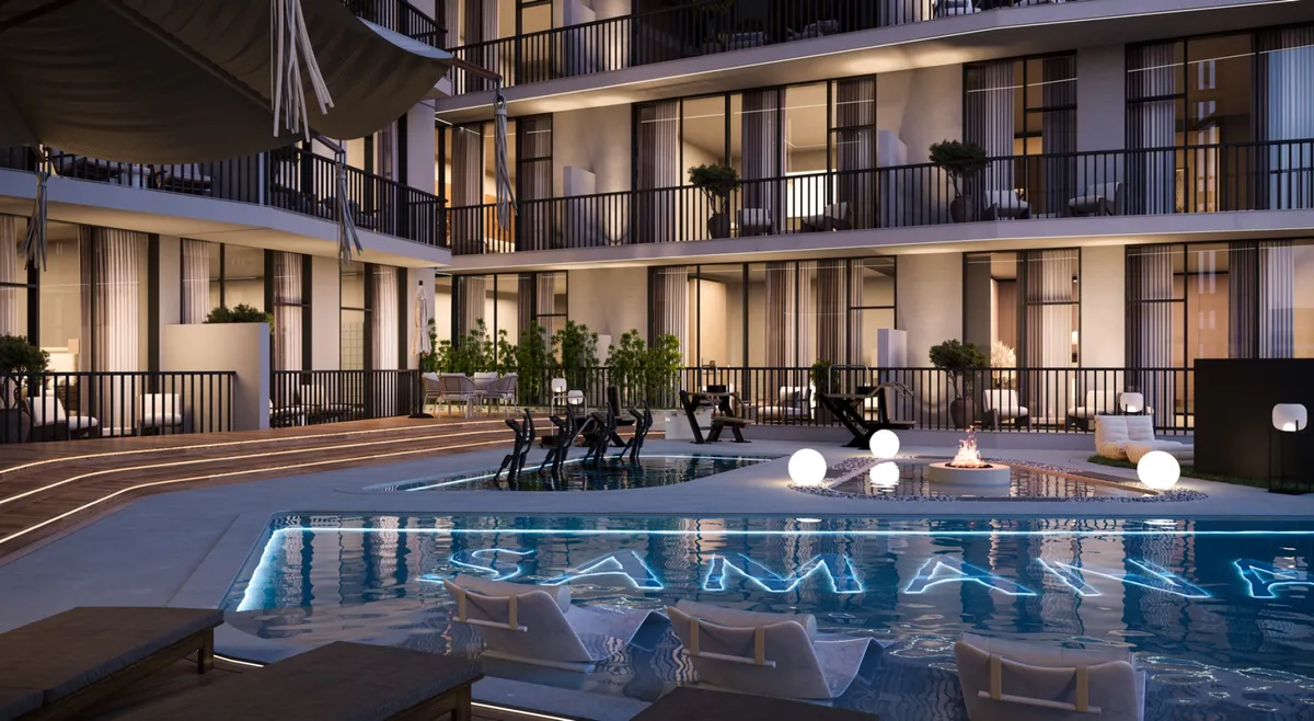 Render of the swimming pool and deck at Samana Greenfield 2 at night