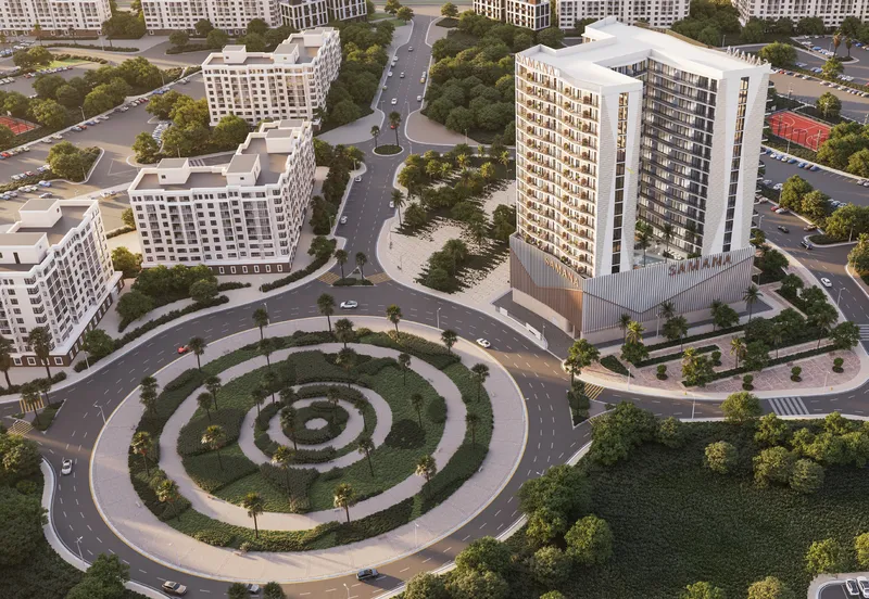 Aerial render of Samana Greenfield beside a landscaped roundabout in Al Warsan