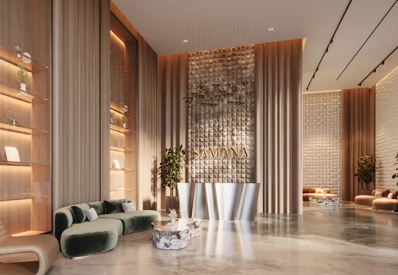 Render of the lobby with reception desk and lounge seating at Samana Greenfield