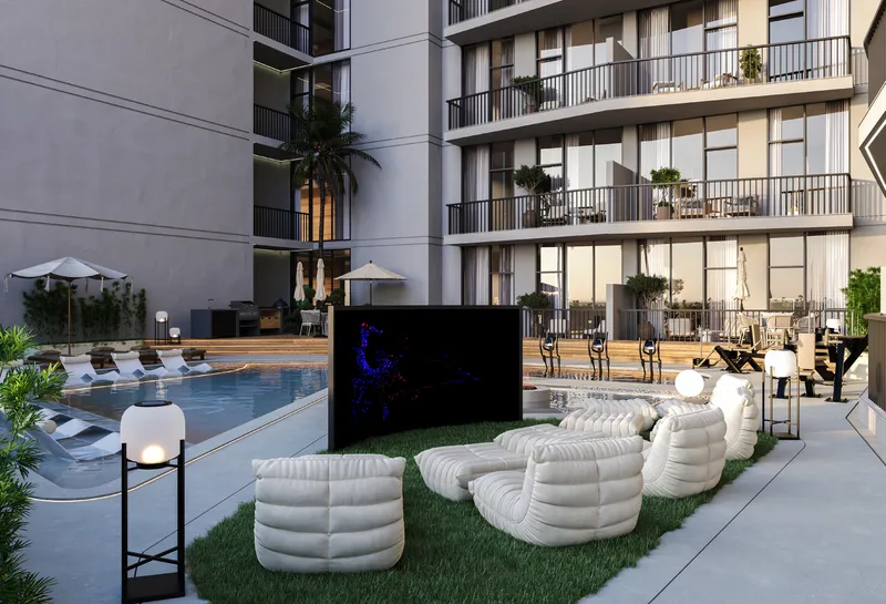 Render of the outdoor cinema lawn with lounge seating at Samana Greenfield