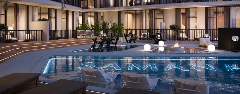 Render of the swimming pool and deck at Samana Greenfield at night