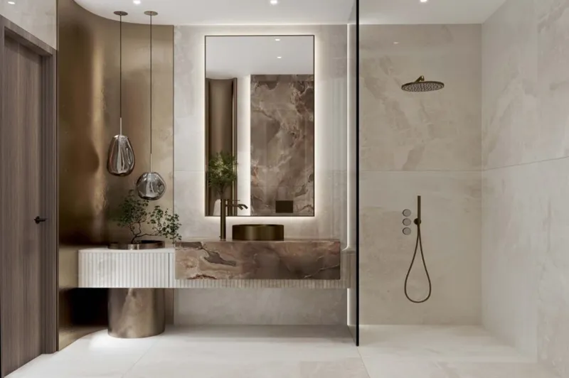 Render of a bathroom with a walk-in shower at Samana Hills South 3