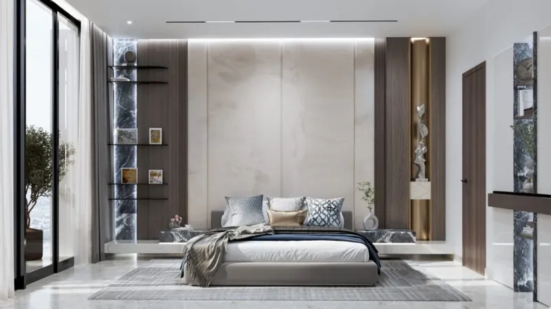 Render of a bedroom with a balcony door at Samana Hills South 3