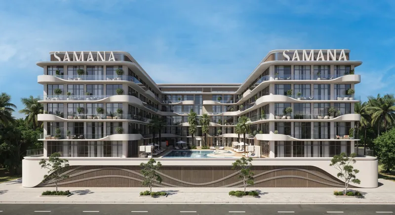Render of the Samana Hills South 3 apartment building in Dubai South by day, with the pool between its two wings
