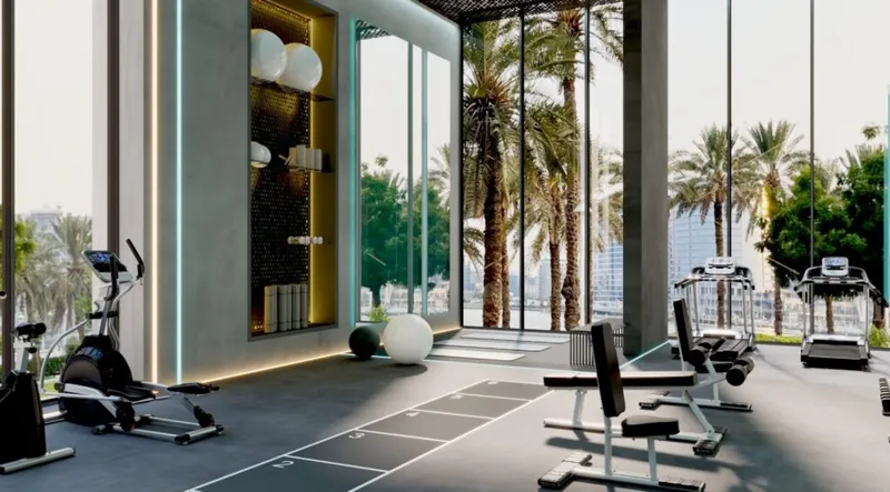 Render of the gym at Samana Hills South 3 with full-height windows