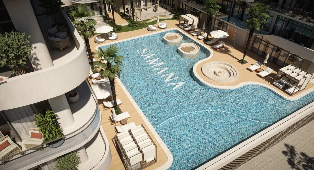 Render of the swimming pool, jacuzzis and cabanas on the pool deck at Samana Hills South 3