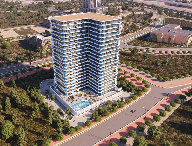 Aerial render of Samana Ibiza with its podium pool deck and surrounding roads