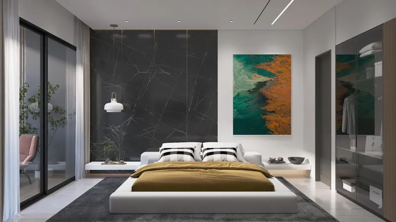 Render of a bedroom with a dark marble feature wall at Samana Ibiza