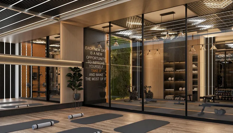 Render of the fitness centre and yoga area at Samana Ibiza