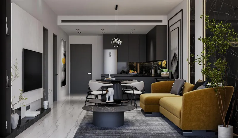 Render of an open-plan living room, dining area and kitchen at Samana Ibiza