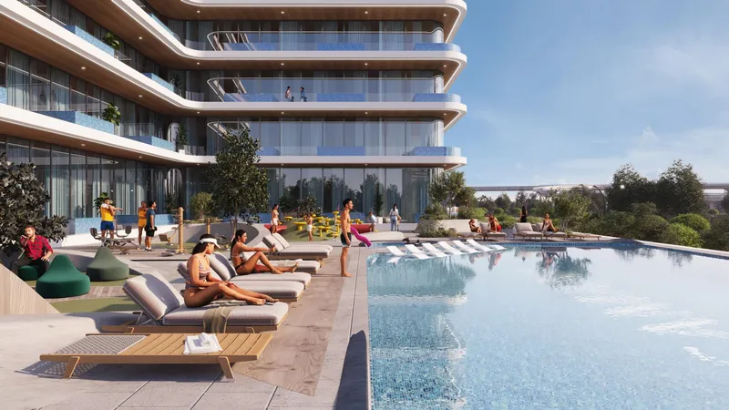 Render of the swimming pool and sun loungers on the Samana Ibiza pool deck
