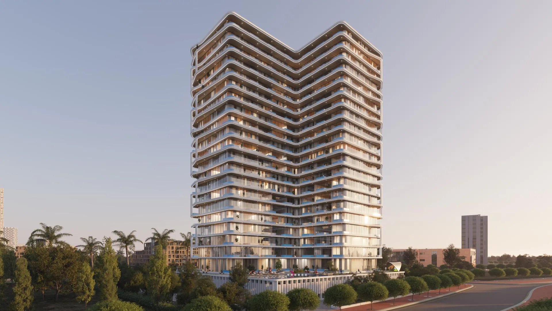 Render of the Samana Ibiza residential tower in Dubailand Residence Complex at dusk