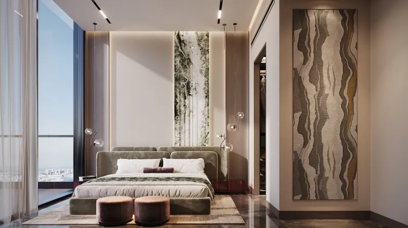 Render of a bedroom at Samana Imperial Garden with a full-height window