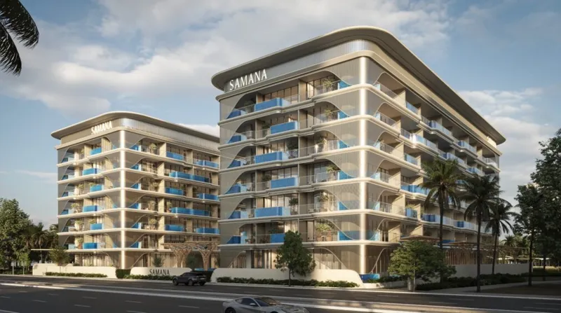 Render of the two curved wings of Samana Imperial Garden in Arjan by day